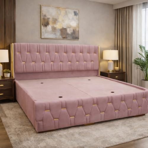 Image of Royal Aura Upholstered Queen Size Bed with Box Storage for Bedroom | Elegant Wooden Double Bed with Storage | Platform Cot Palang with Tufted Headboard | 6.5 x 5 Ft | Sheesham Wood | Pink
