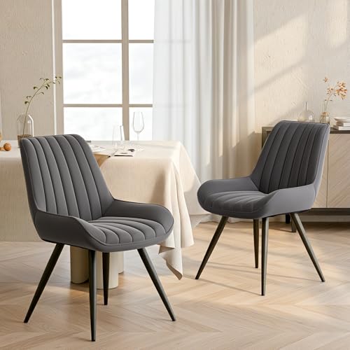 Image of Fijinhom Modern Upholstered Dining Chairs — Extra-Thick Cushions, Fabric-Look Material, Armchairs with Backrests; Kitchen & Dining Room Chairs; Featuring Metal Legs (Dark Gray, Set of 2)