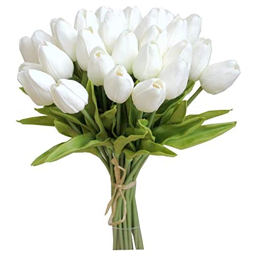 Tifuly 24 Piezas de Tulipanes Artificiales de látex, Ramos de Flores Falsos de Tulipanes realistas para el hogar, Bodas, Fiestas, decoración de oficinas, arreglos Florales (Blanco)