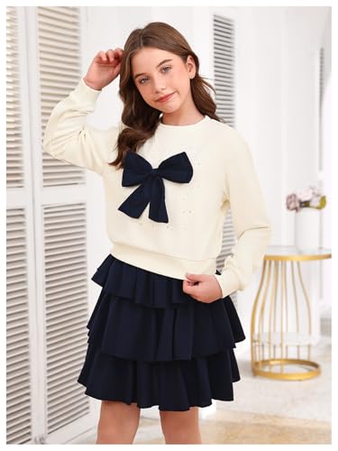 Image of OYOANGLE Girl's Cute 2 Piece Outfits Long Sleeve Bow Sweatshirts and Layered Ruffle Short Skirt Sets