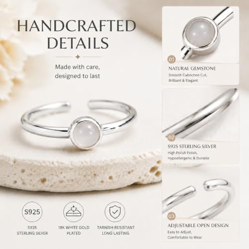Natural White Agate Ring for Women 925 Sterling Silver Adjustable Open Ring - image 3