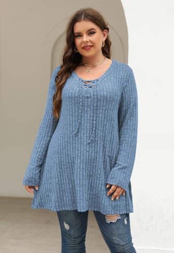 Image of Nemidor Women Plus Size Casual Tunic Top Drawstring V Neck Long Sleeve | 1X-5X plus, ribbed knit, long sweater, solid, semi-fitted flattering cut for curvy women, Fall, Winter, work, daily, dinner