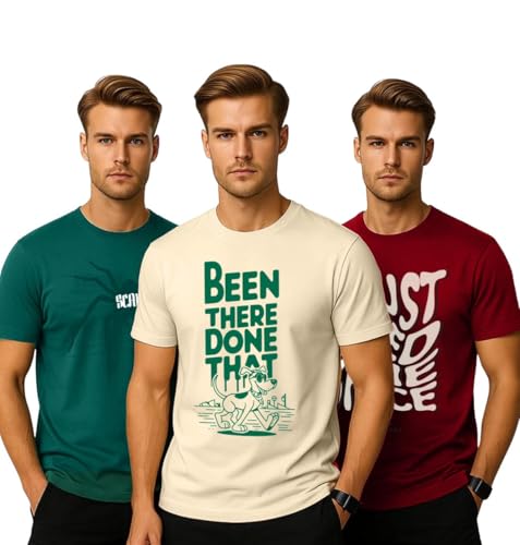 Image of Veirdo Pure Cotton Regular Fit AestheticGraphic Printed Round Neck Half Sleeve T-Shirt Pack for Men (Combo of 3) (Green,Red,Swanwhite,Black,Navy Blue,White,Brown,Royal Blue)
