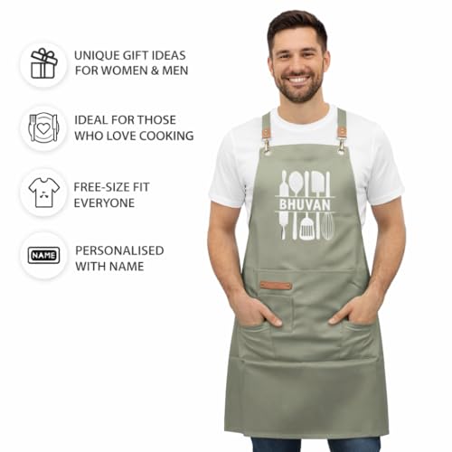 Image of AICA Personalized Name Apron for Kitchen Men & Women| Stylish Leather Adjustable Neck Strap| Front Pockets | Customised Name Waterproof Apron for Kitchen Cooking Resturants Cafes