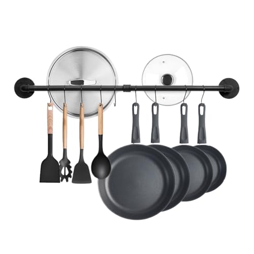 Boshangjia 32 inch Pot Rack Wall Mounted Pan Hangers for Kitchen, Industrial Pipe Utensils Hanging Rail Iron Detachable Storage Organizer Lids Holder with 8 S Hooks, Black