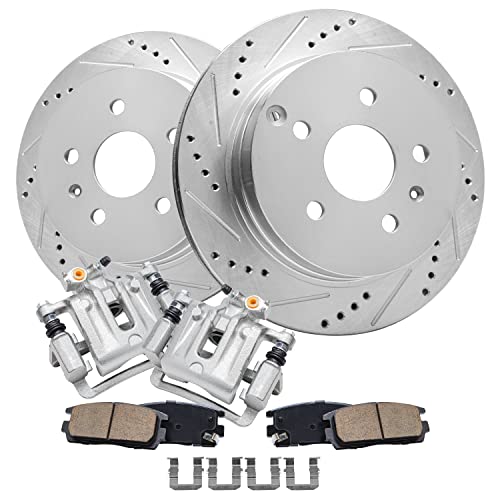 Image of Detroit Axle - Rear Brake Kit for 2010-2017 Chevy Equinox GMC Terrain | Drilled Brake Rotors Brake Calipers w /Brackets Ceramic Brake Pads 2011 2012 2013 2014 2015 2016 Replacement