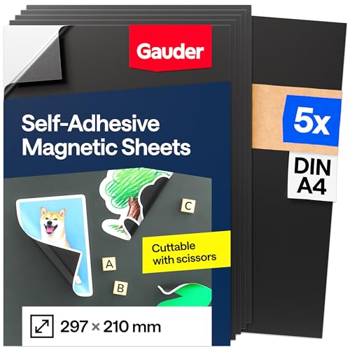 GAUDER Self-Adhesive Magnetic Sheets - Cuttable Magnet Paper for Crafts Photos and Signs - Magnetic Film for Home School and Office (5 PCS - DIN A4-297 x 210 mm)