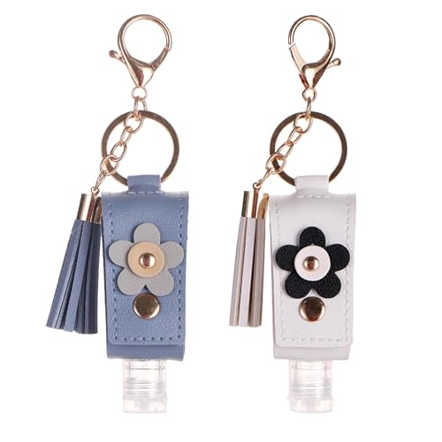Pcmursal Paquete de 2 llaveros desinfectantes de manos, de cuero, portátil, mini soporte de gel desinfectante de manos, llavero de tamaño de viaje (azul, blanco), Azul, rosa