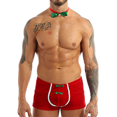ranrann Homme Sexy Déguisement Lutin Costume Père Noël Tenue Serveur Ensemble Lingerie Erotique Gay Vêtement de Nuit Noeud Papillon Jupe Short Cosplay Clubwear M-XXL Type B Rouge M