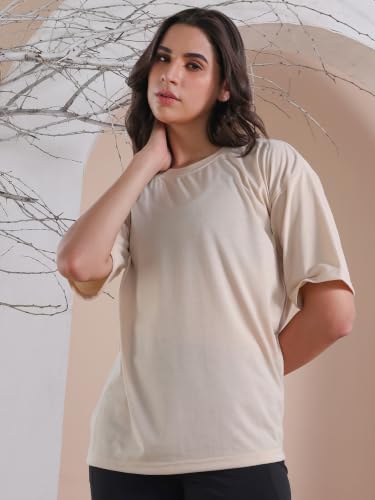 Image of CHKOKKO Oversized Round Neck Drop Shoulder Solid Polyester Full Sleeves T-Shirt for Women