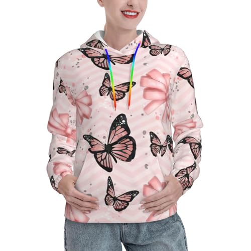 Sweat à capuche femme ajusté rose avec poche kangourou et motif papillon imprimé