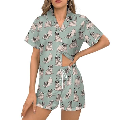 Ysidec Cute Dogs Pug Womens Pajama Sets 2 Piece Short Sleeve Sleepwear Button Down Loungewear M