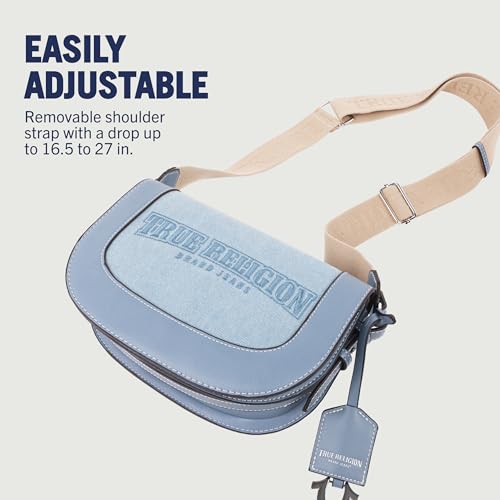 True Religion Saddle Bag, Women's Dark Denim Logo Shoulder Purse Handbag, Denim4