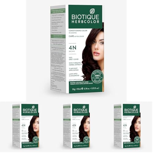 Biotique Herbcolor Conditioning Hair Colour l Ammonia Free Hair Color l 9 Organic Herbal Extracts l Natural and Healthy Shine l 50g + 110ml| Brown 4N (Pack of 4)
