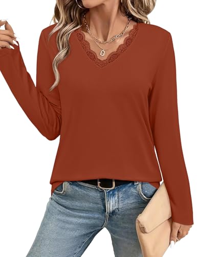 JUSTFASHIONNOW Long Sleeve Shirts for Women Lace V Neck Tunic Tops Dressy Business Casual Blouses Trendy Loose Fit Cute Winter Clothes (Caramel,Small)