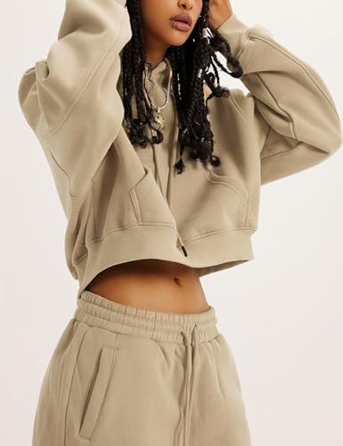 Flygo Womens Fleece 2 Piece Outfits Sweatsuit Crop Pullover Sweatshirt Joggers Pants Tracksuit Set