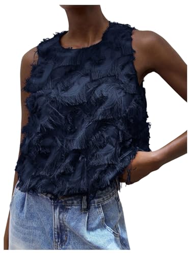 SHENHE Womens Dressy Fringe Tank Top Feather Fuzzy Trim Sleeveless Blouse Going Out Top Dark Blue Small