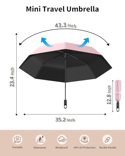 Image of ANYCHO Umbrella for Women 3 Fold with Carabiner Handle - Small Size for UV Protection & Rain - Automatic Pocket Umbrella for Men, Women and Kids