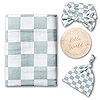 Miaoberry Organic Muslin Swaddle Set – 47x47 Inch, Coffee Latte Checkered, With Hat, Bow & Announcement Card