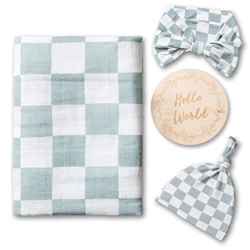 Image of Miaoberry 100% Organic Muslin Swaddle Set| Sage Green Checkered
