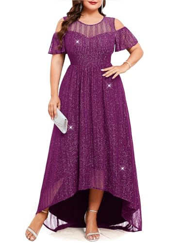 ZOMVA Plus Size Sparkly Mesh Maxi Dress Cold Shoulder Ruffle Sleeve High Low A Line Dresses Wedding Guest Cocktail Party