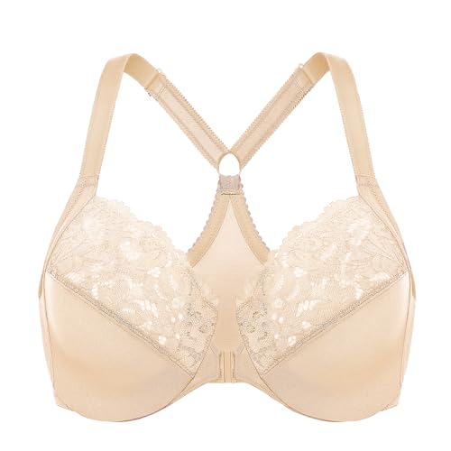 Image of DELIMIRA Women's Front Closure Racerback Bras | Plus Size, Full Coverage, Lace, Underwire, No Padding Unlined
