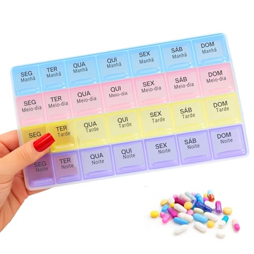 Porta Comprimidos Semanal, 4 Horários por Dia, 28 Compartimentos, Caixa Organizadora de Remédios, Vitaminas, Suplementos e Pílulas, Estojo para Medicamentos