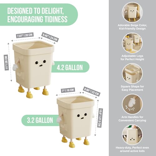 Image of 3.2-Gallon Cute Kids Trash Can - Durable Waste Basket Perfect for Kids Rooms, Classrooms, Pediatric Clinics - Beige Square-Shaped Trash Bin w /Arms & Legs - Comes with Removable Trash Bag Holder