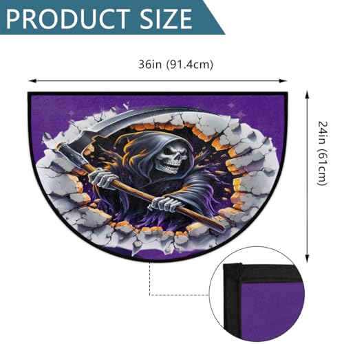 Image of cfpolar Half Round Door Mat Halloween Purple Skull Scythe Non-Slip Semi Circle Area Rug Washable Half Moon Hearth Rugs for Indoor Outdoor Bathroom Kitchen Patio Runner Mat Laundry Room Home Decoration