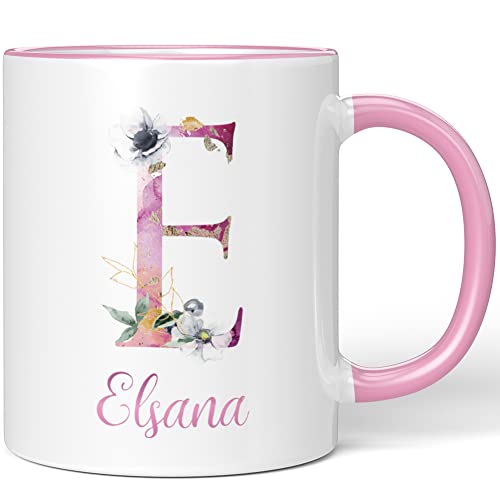JUNIWORDS Tasse, Elsana, Name Anfangsbuchstabe Initial Alphabet Floral Buchstabe E Monogramm Motiv, Rosa (5506219)