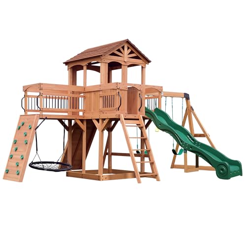 Backyard Discovery Sterling Point Swing Set, Aire de Jeux en Bois | Aire de Jeux Extérieur avec parois rocheuses, Toboggan, balançoires | Balancoire...