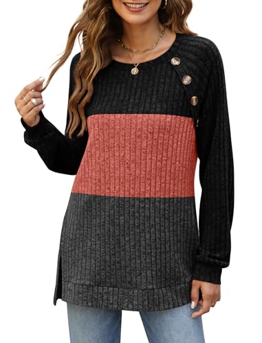 Image of Bofell Long Sleeve Shirts for Women Lightweight Button Decor Tunic Tops Side Split