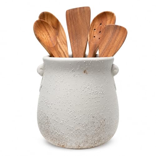 Vintage Pottery Utensil Holder, Large Crock for Kitchen Counter | Rustic artisan ceramic crock, holds 10 to 15 spoons, spatulas, whisks and ladles, cork base helps protect kitchen counters
