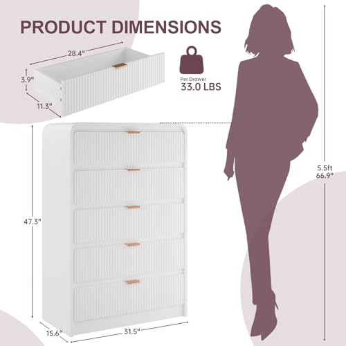 FURSUN Fluted 5 Drawers Dresser for Bedroom, 48" Tall Wooden Modern Dresser with Metal Handle, Curved Profile Design, Storage Organizer for Living Room, Hallway (White)