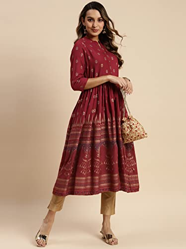 Image of rangita Women's Rayon Relaxed Fit Anarkali Calf Length Printed Kurti | Kurta