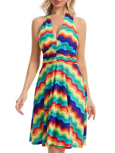 Image of Women's Summer Sundress- 2025 Sexy Halter Sleeveless Spring Boho Elastic Waist Ruffle Mini Dress