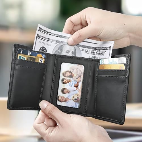 Trifold Wallet for Men, Leather Wallets with 8 Card Slot and 2 Money Pocket and 1 Clear Photo Slot + 1 Minimalist Leather Card Pocket with 6 Card Slot and 1 Transparent Windows Slot - Black3
