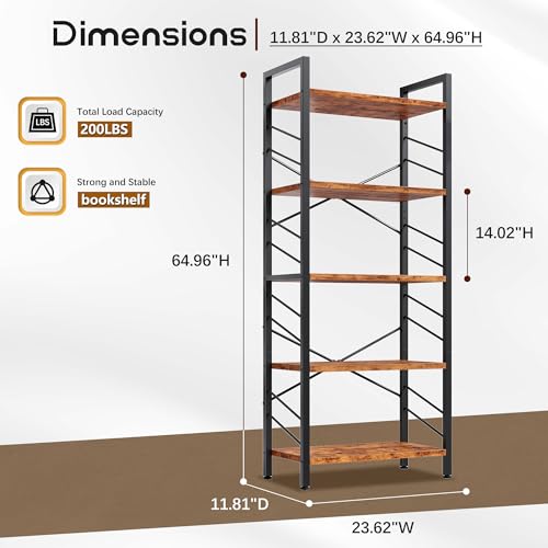 Image of DurayLoly 5 Tier Bookshelf for Narrow Space, Rustic Brown | Small Storage Shelves, Sidebars and Metal Frame