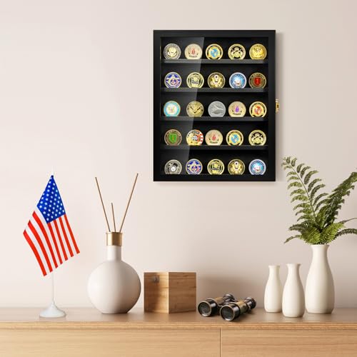 Image of TJ.MOREE Military Challenge Coin Display Case, Coin Display Holder Wall Mount with Removable Shelves, Shadow Box for Medals Pin Badges Buttons