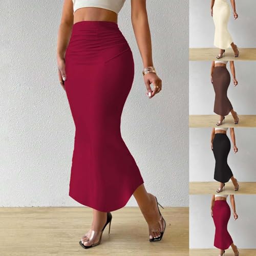 HGps8w Bodycon Maxi Skirt for Women - Stretchy Ruched High Waisted Long Busines Casual Party Pencil Skirts2