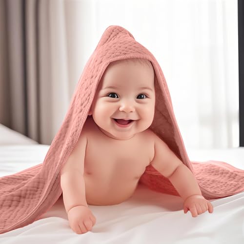Image of VitalCozy 12 Pcs Baby Muslin Hooded Bath Towels and Washcloths, Muslin Hooded Baby Towels Absorbent Blankets for Gift Newborn Infant Shower (Pink Beige Series)