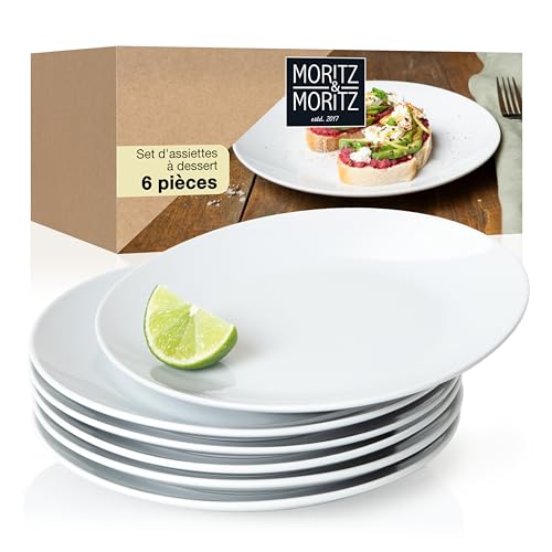 Moritz & Moritz Assiette à dessert 6 personnes moderne - Ø 20.5 cm - Set de 6 assiettes plates en porcelaine blanche de haute qualité comme assiettes à dessert