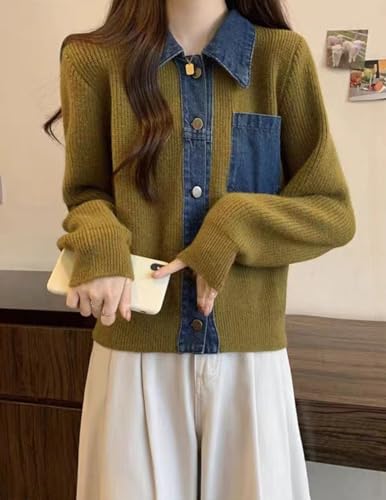 Image of Womens Sweaters Patchwork Denim Sweater Cardigan Long Sleeve Chunky Knit Cardigans Fall Cardigan