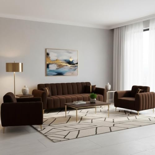 Image of FURNY Harmony 5 Seater Velvet Fabric 3+1+1 Sofa Set (Dark Brown) with Golden Finish Legs | Durable Comfort | Ideal for Living Room, Offices