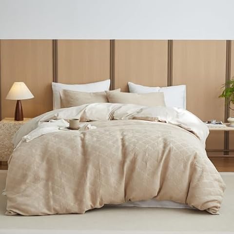 BISELINA 100% Cotton Waffle Weave Duvet Cover Set Queen Size 3 Pieces (1 Duvet Cover 88"x92", 2 Pillow Sham) Soft Breathable Durable Chic Bedding Set for All Season - Khaki, Queen Size Cover