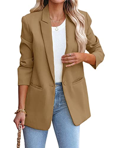 Women's Solid Color Casual Long Sleeve Lapel Button Blazer Jacket for Business Lady