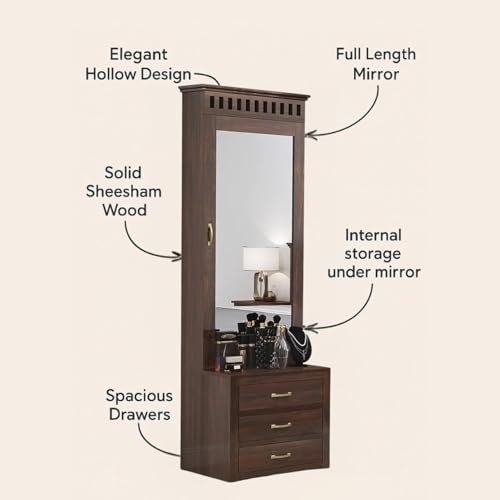 Image of Solid Sheesham Wood Dressing Table with Storage Mirror & 3 Drawers, & 1 Door Storage for Living Room Bedroom Wooden Make Up Vanities Dresser for Bedroom Home (Walnut Finish)