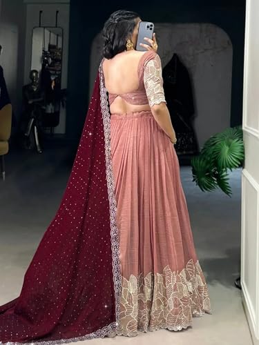 Image of Suppar Sleave Women's Embroidered Vichitra Silk Lehenga Choli Dupatta Set Semi-Stitched Blouse and Fit & Flare Style