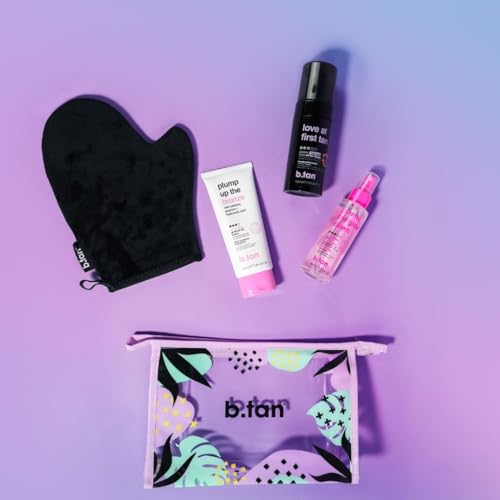 Image of b.tan Self Tan Travel Kit | Love At First Tan Gift Set - Includes Mini Violet Self Tanner, Gradual Tanning Lotion, Dark Bronzing Drops, & Applicator Mitt