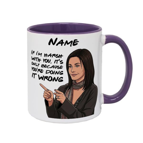 MUGGZ Personalised Monica Mug, “Harsh” Funny TV Fan Gift, Optional Name, Black, White or Purple Mug, Coaster, Card